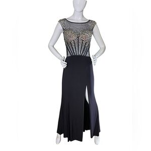 Black Sheer Rhinestone Bodice Full Length Gown
